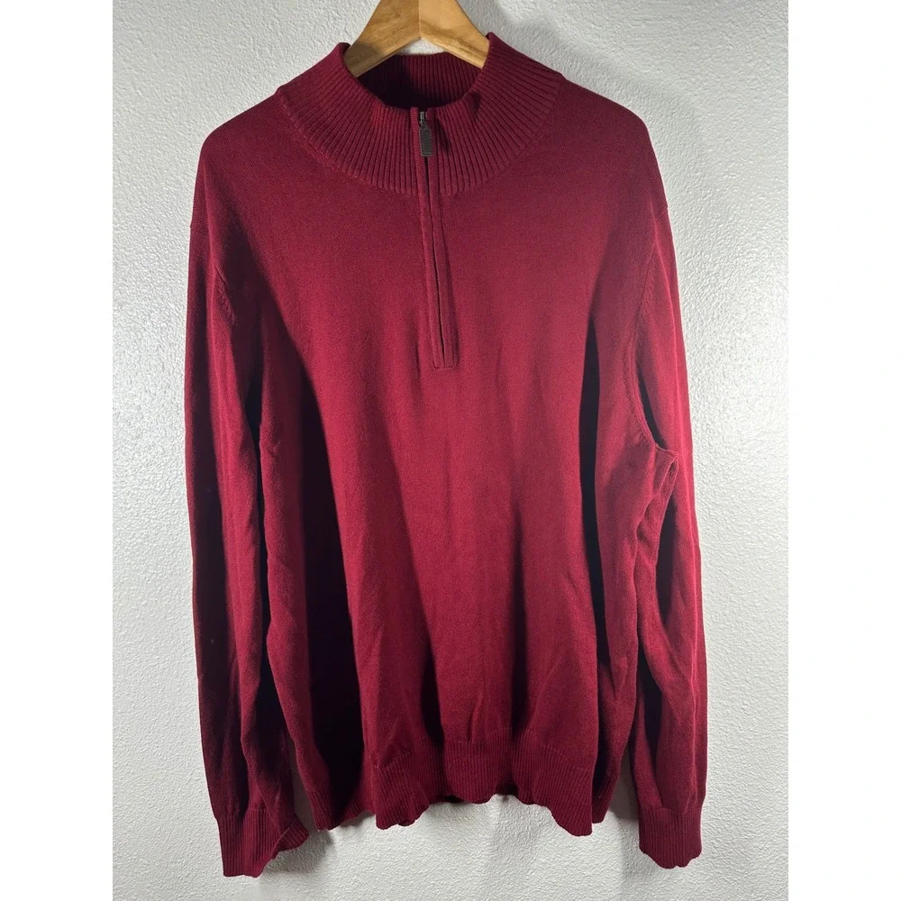 Eddie Bauer Sweater Mens XL Red Cotton Cashmere 1/4 Zip Pullover‎ Knit Mock Neck